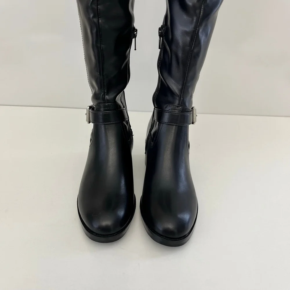 Black Over The Knee Boots Low Block Heel Buckle Riding Boots Size 5 DV Dolce Vit